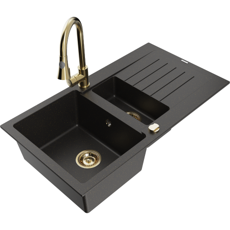 Mexen Matias zlewozmywak granitowy 1,5-komorowy z ociekaczem i baterią kuchenną Elia, czarny/złoty metalik - 6502-75-670101-50