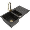 Mexen Matias zlewozmywak granitowy 1,5-komorowy z ociekaczem i baterią kuchenną Elia, czarny/złoty metalik - 6502-75-670101-50