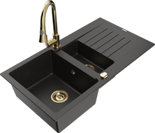 Mexen Matias zlewozmywak granitowy 1,5-komorowy z ociekaczem i baterią kuchenną Elia, czarny/złoty metalik - 6502-75-670101-50