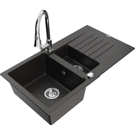 Mexen Matias zlewozmywak granitowy 1,5-komorowy z ociekaczem i baterią kuchenną Elia, czarny/złoty metalik - 6502-75-670101-00