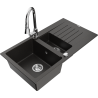 Mexen Matias zlewozmywak granitowy 1,5-komorowy z ociekaczem i baterią kuchenną Elia, czarny/złoty metalik - 6502-75-670101-00