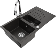 Mexen Matias zlewozmywak granitowy 1,5-komorowy z ociekaczem i baterią kuchenną Elia, czarny/złoty metalik - 6502-75-670101-00