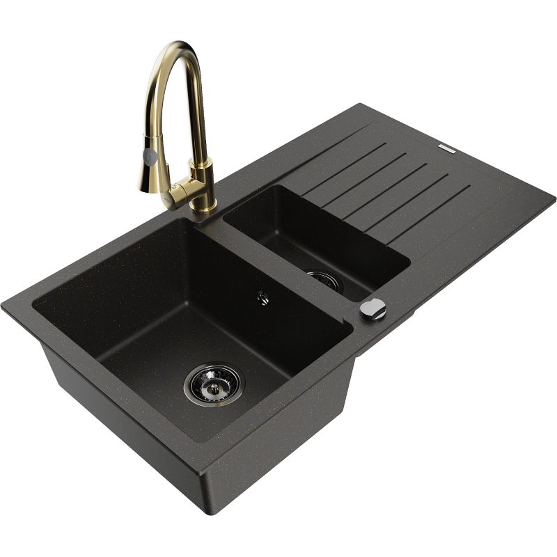 Mexen Matias zlewozmywak granitowy 1,5-komorowy z ociekaczem i baterią kuchenną Elia, czarny/złoty metalik - 6502-75-670101-50-B