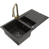 Mexen Matias zlewozmywak granitowy 1,5-komorowy z ociekaczem i baterią kuchenną Elia, czarny/złoty metalik - 6502-75-670101-50-B