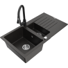 Mexen Matias zlewozmywak granitowy 1,5-komorowy z ociekaczem i baterią kuchenną Elia, czarny/złoty metalik - 6502-75-670101-70