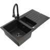 Mexen Matias zlewozmywak granitowy 1,5-komorowy z ociekaczem i baterią kuchenną Elia, czarny/złoty metalik - 6502-75-670101-70-B