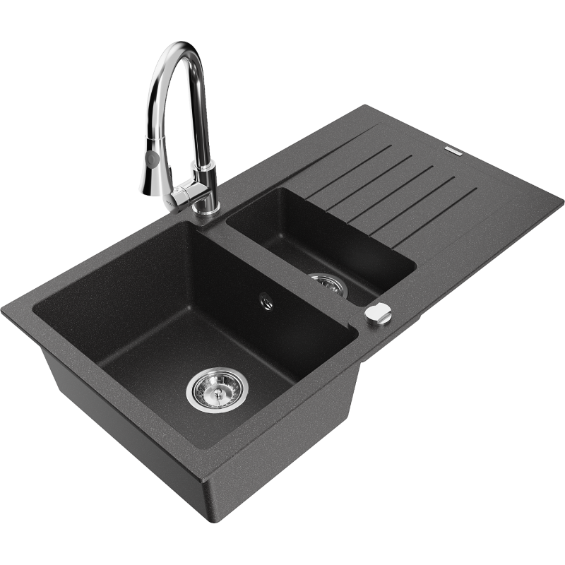 Mexen Matias zlewozmywak granitowy 1,5-komorowy z ociekaczem i baterią kuchenną Elia, czarny nakrapiany - 6502-76-670101-00