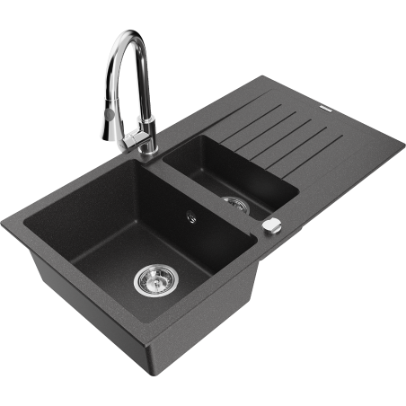Mexen Matias zlewozmywak granitowy 1,5-komorowy z ociekaczem i baterią kuchenną Elia, czarny nakrapiany - 6502-76-670101-00