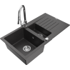 Mexen Matias zlewozmywak granitowy 1,5-komorowy z ociekaczem i baterią kuchenną Elia, czarny nakrapiany - 6502-76-670101-00