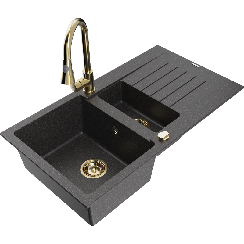 Mexen Matias zlewozmywak granitowy 1,5-komorowy z ociekaczem i baterią kuchenną Elia, czarny nakrapiany - 6502-76-670101-50
