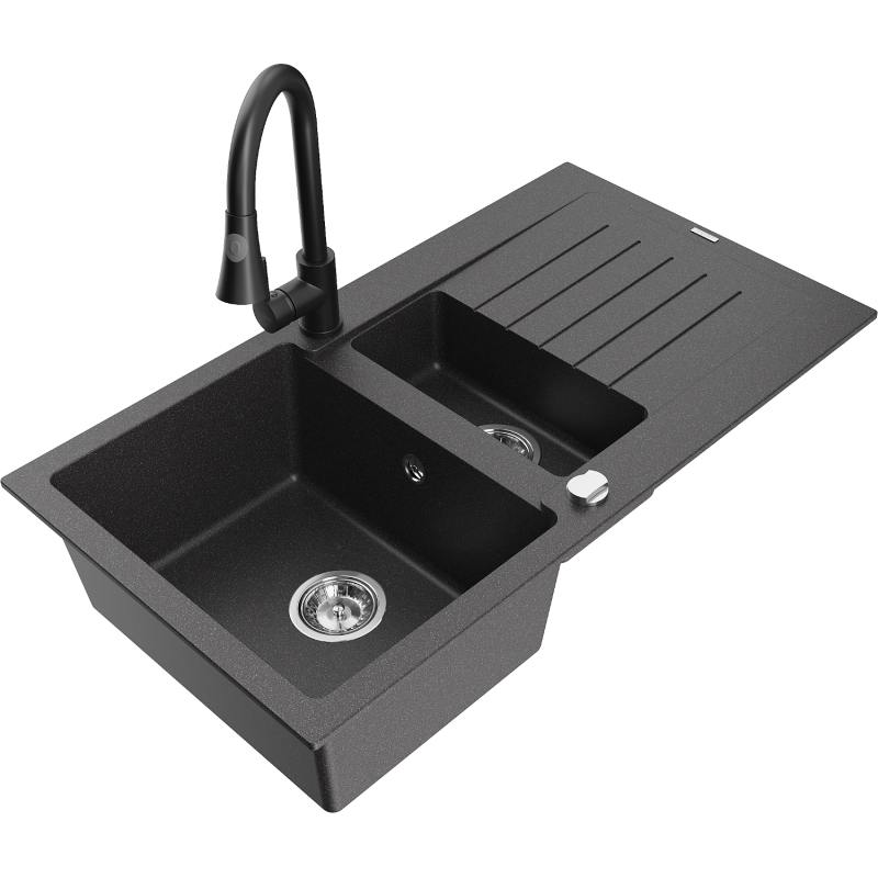 Mexen Matias zlewozmywak granitowy 1,5-komorowy z ociekaczem i baterią kuchenną Elia, czarny nakrapiany - 6502-76-670101-70