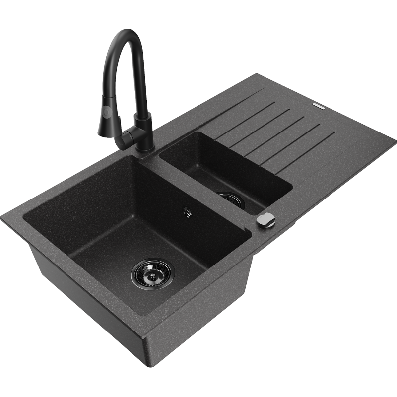 Mexen Matias zlewozmywak granitowy 1,5-komorowy z ociekaczem i baterią kuchenną Elia, czarny nakrapiany - 6502-76-670101-70-B