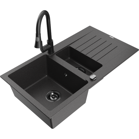 Mexen Matias zlewozmywak granitowy 1,5-komorowy z ociekaczem i baterią kuchenną Elia, czarny nakrapiany - 6502-76-670101-70-B