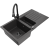 Mexen Matias zlewozmywak granitowy 1,5-komorowy z ociekaczem i baterią kuchenną Elia, czarny nakrapiany - 6502-76-670101-70-B