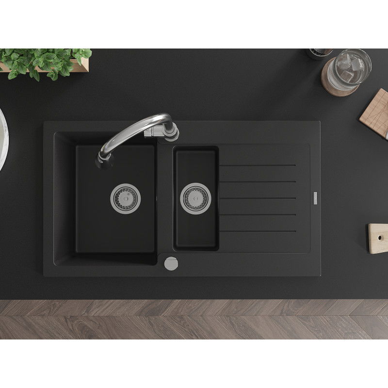 Mexen Matias zlewozmywak granitowy 1,5-komorowy z ociekaczem i baterią kuchenną Elia, czarny - 6502-77-670101-00