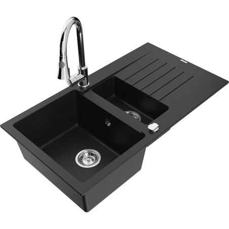 Mexen Matias zlewozmywak granitowy 1,5-komorowy z ociekaczem i baterią kuchenną Elia, czarny - 6502-77-670101-00