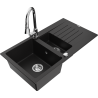 Mexen Matias zlewozmywak granitowy 1,5-komorowy z ociekaczem i baterią kuchenną Elia, czarny - 6502-77-670101-00