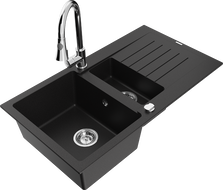 Mexen Matias zlewozmywak granitowy 1,5-komorowy z ociekaczem i baterią kuchenną Elia, czarny - 6502-77-670101-00