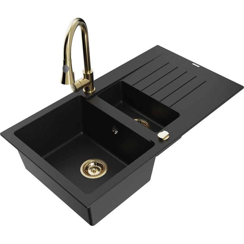 Mexen Matias zlewozmywak granitowy 1,5-komorowy z ociekaczem i baterią kuchenną Elia, czarny - 6502-77-670101-50