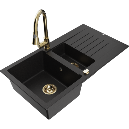 Mexen Matias zlewozmywak granitowy 1,5-komorowy z ociekaczem i baterią kuchenną Elia, czarny - 6502-77-670101-50