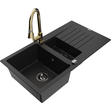Mexen Matias zlewozmywak granitowy 1,5-komorowy z ociekaczem i baterią kuchenną Elia, czarny - 6502-77-670101-50-B