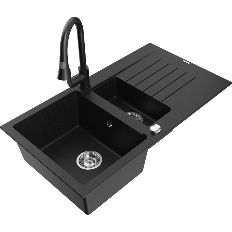 Mexen Matias zlewozmywak granitowy 1,5-komorowy z ociekaczem i baterią kuchenną Elia, czarny - 6502-77-670101-70