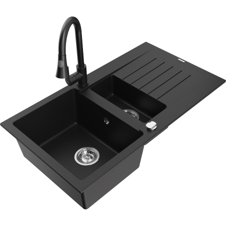 Mexen Matias zlewozmywak granitowy 1,5-komorowy z ociekaczem i baterią kuchenną Elia, czarny - 6502-77-670101-70