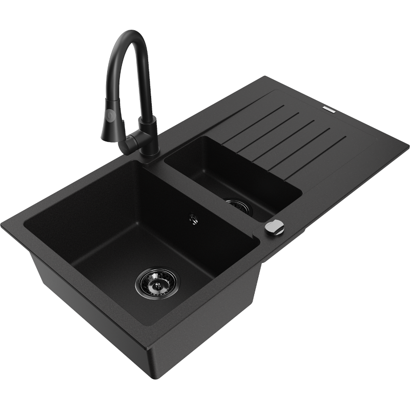 Mexen Matias zlewozmywak granitowy 1,5-komorowy z ociekaczem i baterią kuchenną Elia, czarny - 6502-77-670101-70-B