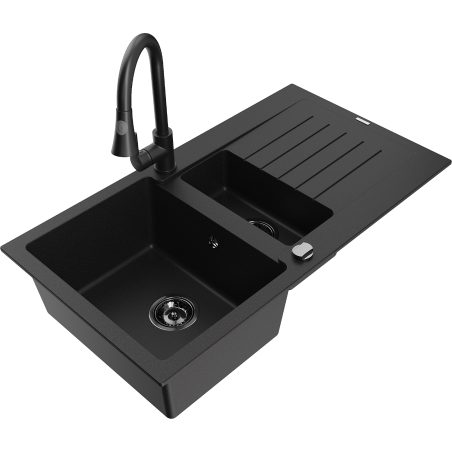 Mexen Matias zlewozmywak granitowy 1,5-komorowy z ociekaczem i baterią kuchenną Elia, czarny - 6502-77-670101-70-B