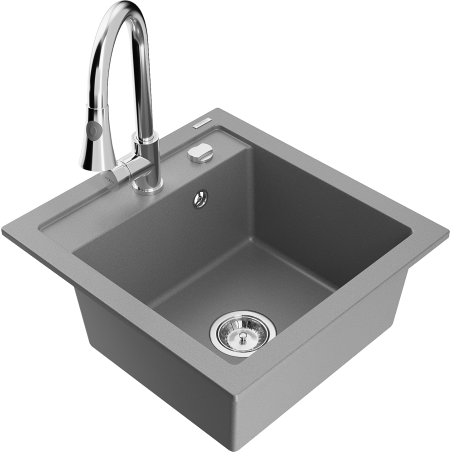 Mexen Vito zlewozmywak granitowy 1-komorowy z baterią kuchenną Elia, szary - 6503-71-670101-00