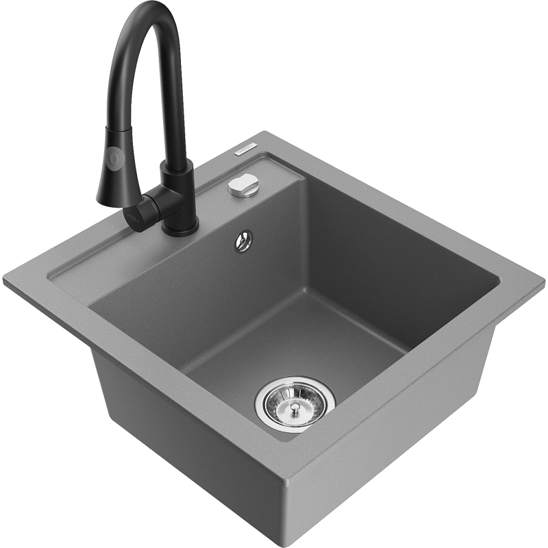 Mexen Vito zlewozmywak granitowy 1-komorowy z baterią kuchenną Elia, szary - 6503-71-670101-70