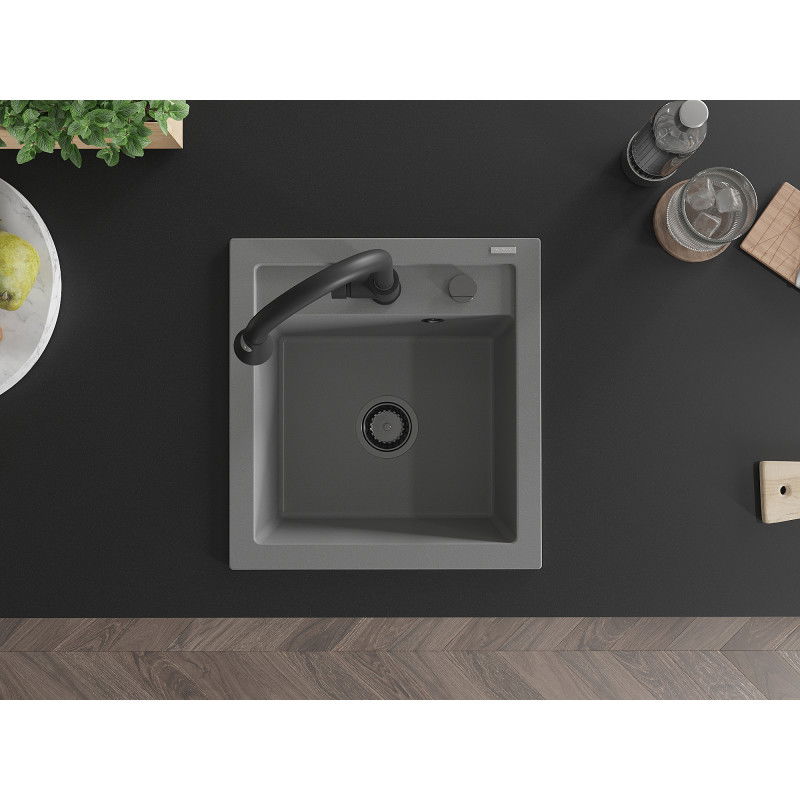 Mexen Vito zlewozmywak granitowy 1-komorowy z baterią kuchenną Elia, szary - 6503-71-670101-70-B