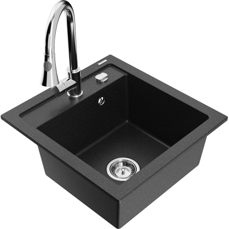 Mexen Vito zlewozmywak granitowy 1-komorowy z baterią kuchenną Elia, czarny/srebrny metalik - 6503-73-670101-00