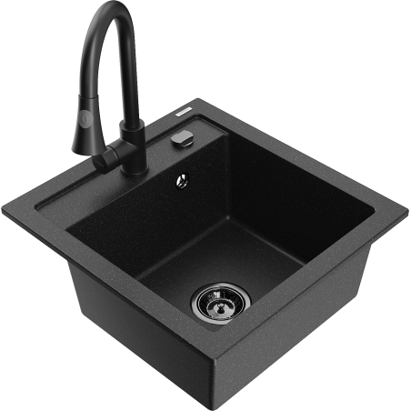 Mexen Vito zlewozmywak granitowy 1-komorowy z baterią kuchenną Elia, czarny/srebrny metalik - 6503-73-670101-70-B