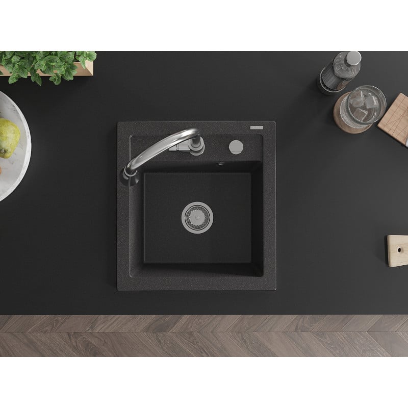 Mexen Vito zlewozmywak granitowy 1-komorowy z baterią kuchenną Elia, czarny nakrapiany - 6503-76-670101-00