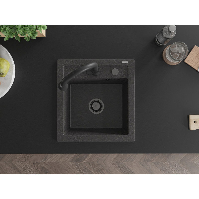 Mexen Vito zlewozmywak granitowy 1-komorowy z baterią kuchenną Elia, czarny nakrapiany - 6503-76-670101-70-B