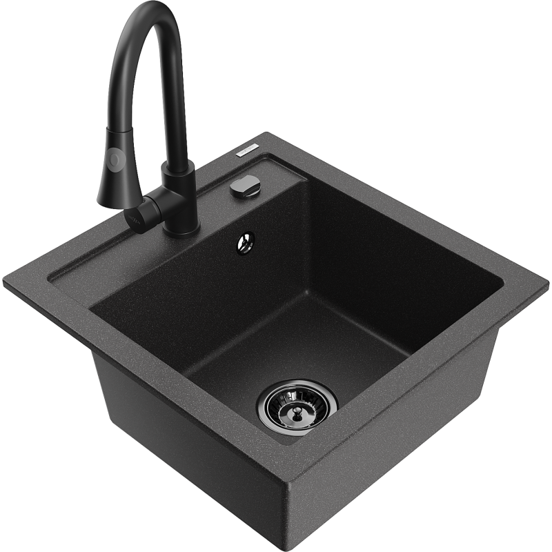 Mexen Vito zlewozmywak granitowy 1-komorowy z baterią kuchenną Elia, czarny nakrapiany - 6503-76-670101-70-B