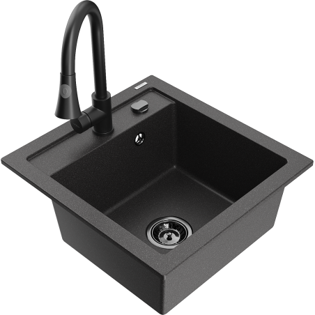 Mexen Vito zlewozmywak granitowy 1-komorowy z baterią kuchenną Elia, czarny nakrapiany - 6503-76-670101-70-B