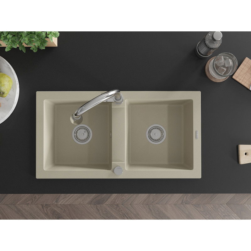 Mexen Mario zlewozmywak granitowy 2-komorowy z baterią kuchenną Elia, beżowy - 6504-69-670101-00