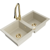 Mexen Mario zlewozmywak granitowy 2-komorowy z baterią kuchenną Elia, beżowy - 6504-69-670101-50