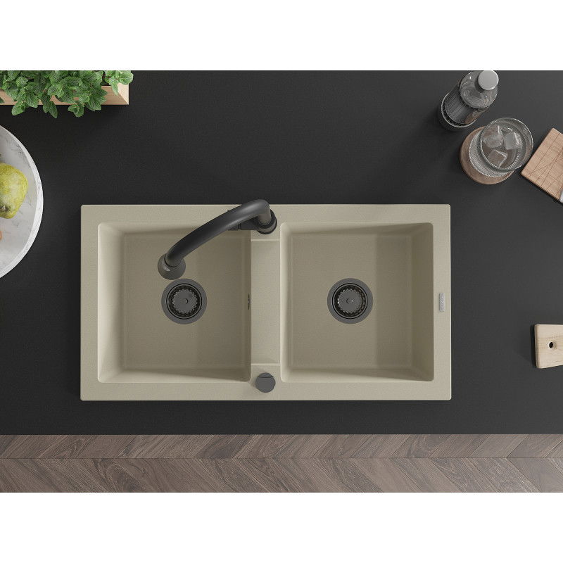 Mexen Mario zlewozmywak granitowy 2-komorowy z baterią kuchenną Elia, beżowy - 6504-69-670101-70