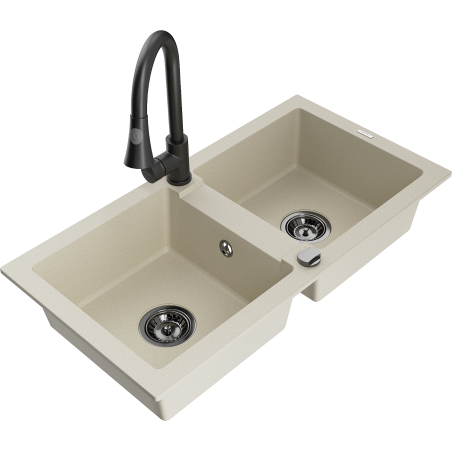 Mexen Mario zlewozmywak granitowy 2-komorowy z baterią kuchenną Elia, beżowy - 6504-69-670101-70