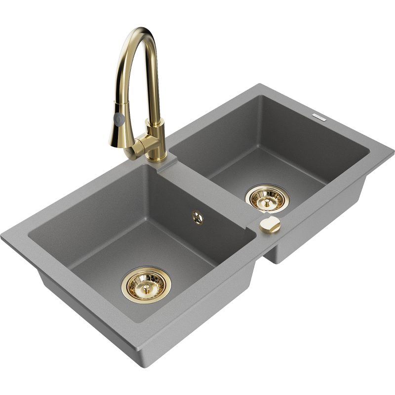 Mexen Mario zlewozmywak granitowy 2-komorowy z baterią kuchenną Elia, szary - 6504-71-670101-50