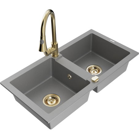 Mexen Mario zlewozmywak granitowy 2-komorowy z baterią kuchenną Elia, szary - 6504-71-670101-50