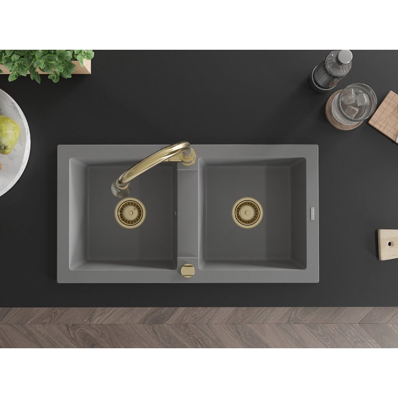 Mexen Mario zlewozmywak granitowy 2-komorowy z baterią kuchenną Elia, szary - 6504-71-670101-50