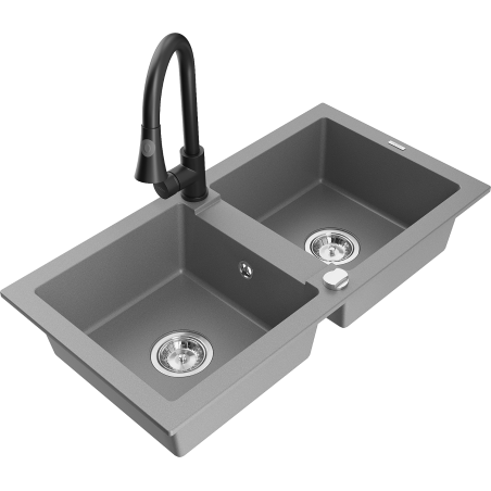 Mexen Mario zlewozmywak granitowy 2-komorowy z baterią kuchenną Elia, szary - 6504-71-670101-70