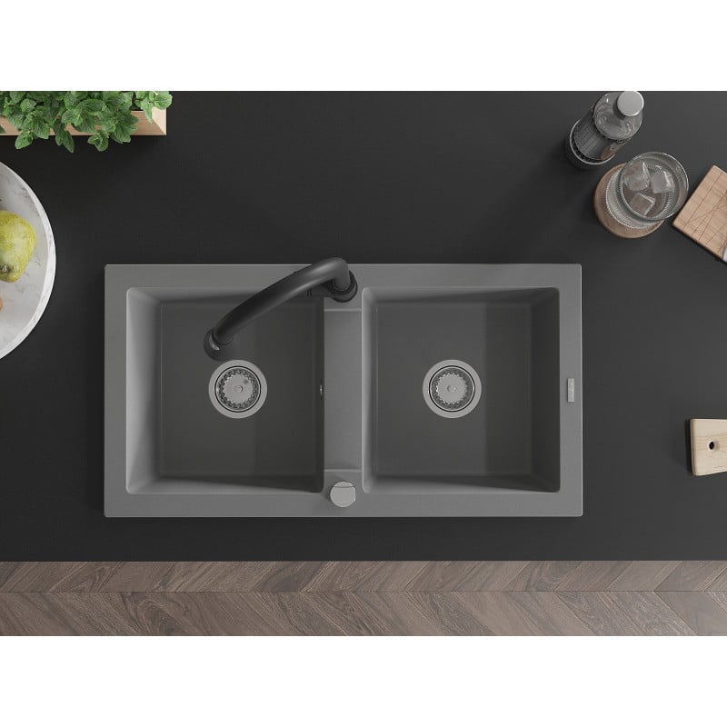 Mexen Mario zlewozmywak granitowy 2-komorowy z baterią kuchenną Elia, szary - 6504-71-670101-70