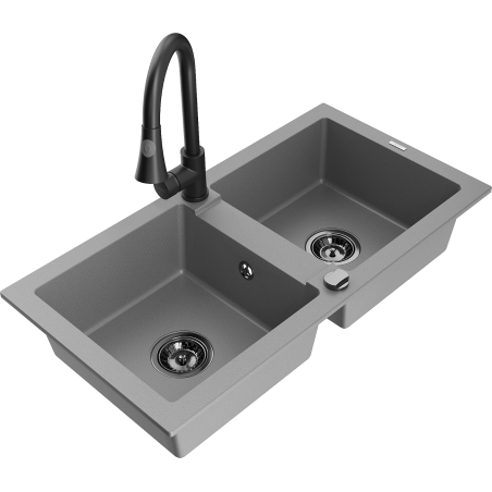 Mexen Mario zlewozmywak granitowy 2-komorowy z baterią kuchenną Elia, szary - 6504-71-670101-70-B