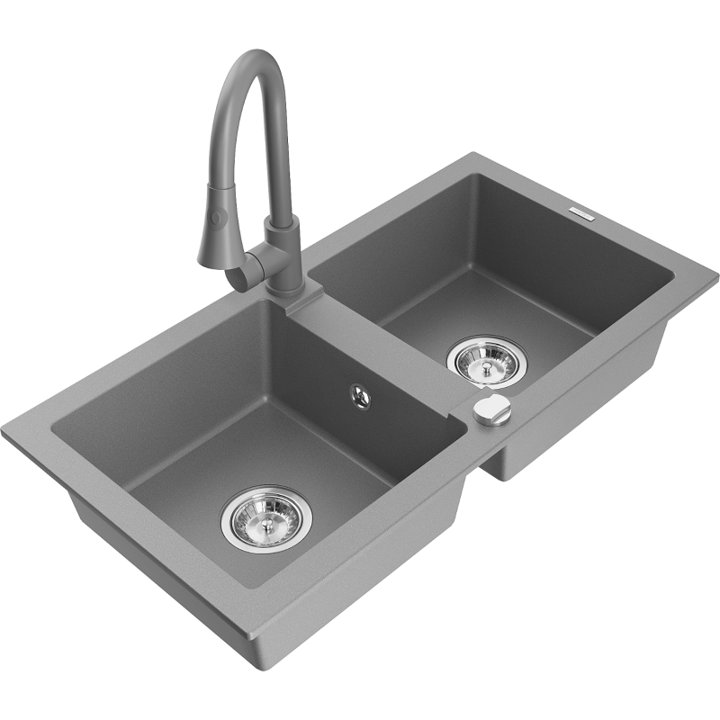 Mexen Mario zlewozmywak granitowy 2-komorowy z baterią kuchenną Elia, szary - 6504-71-670101-71