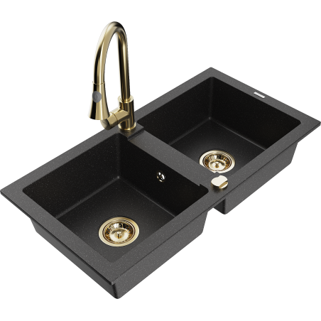Mexen Mario zlewozmywak granitowy 2-komorowy z baterią kuchenną Elia, czarny/srebrny metalik - 6504-73-670101-50